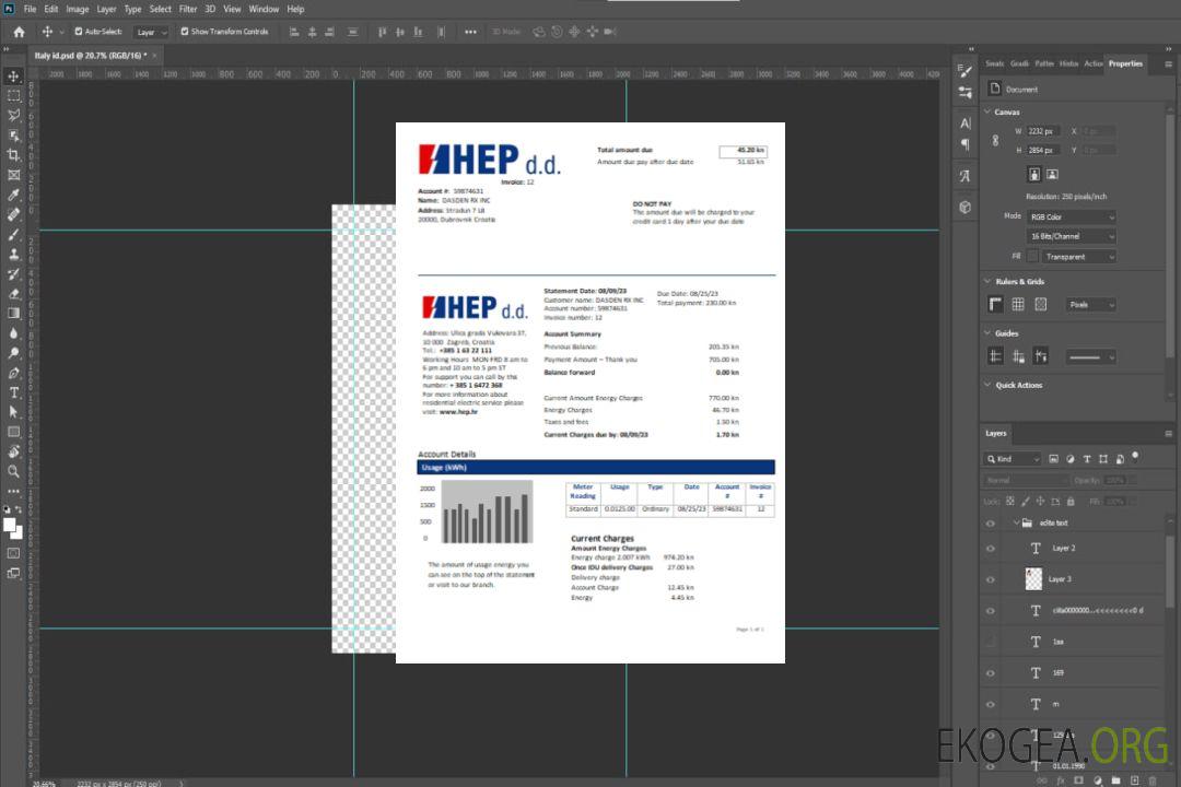Facture commerciale du service public d'électricité de Hrvatska Elektroprivreda, SCR template Facture commerciale du service public d'électricité de Hrvatska Elektroprivreda, SCR template